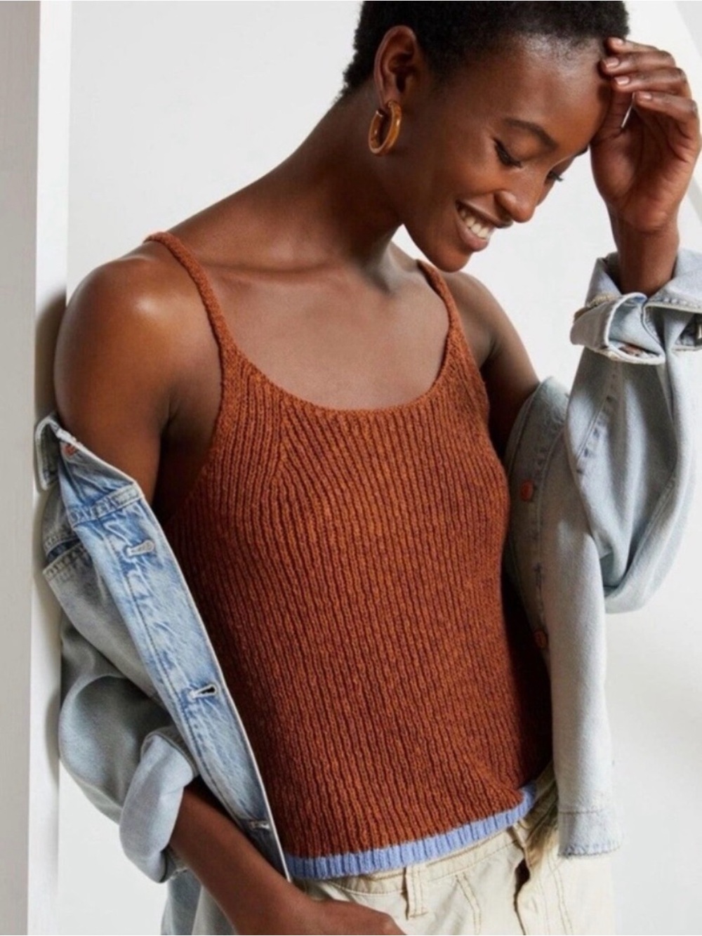 Anthropologie Pilcro Easy Breezy Knit Brown Blue Trim Tank Size Medium